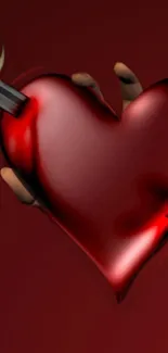 3D heart pierced by daggers against a deep red background.