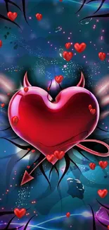 Devil heart with wings on blue background wallpaper.