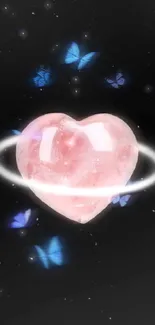 Pink crystal heart with glowing butterflies.