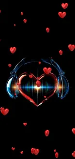 Glowing heart with headphones on black background.