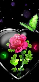 Heart-shaped design with pink rose and green butterfly on black background.