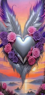 Heart of roses and feathers with sunset backdrop.