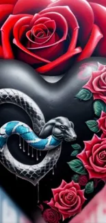 Black heart with red roses and a snake, artistic mobile wallpaper.