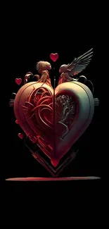 3D heart wallpaper with wings on black background.