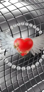 Red heart with wings on silver tile background.