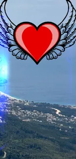 Red heart with wings over a coastal landscape wallpaper.