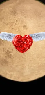 Red crystal heart with wings on a beige moon background.