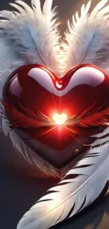 Glossy red heart with white feathered wings and a romantic glow.