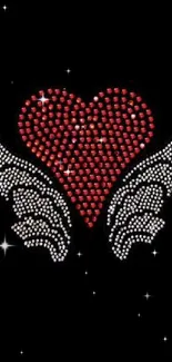 Rhinestone heart with white wings on a black background.