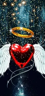 Red heart with white wings and golden halo on dark celestial background.