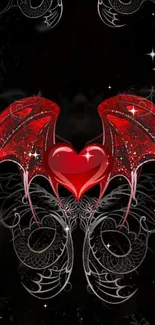 Red heart with intricate wings on dark background.