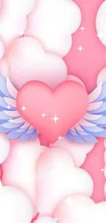 Pink heart with wings in a cloud background wallpaper.