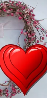 Red heart with floral wreath on mobile wallpaper.