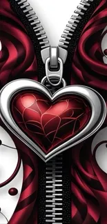 Heart and zipper art wallpaper in red and silver design.