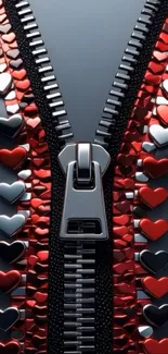 Heart zipper design mobile wallpaper with red and black motifs.