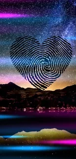 Galaxy wallpaper with fingerprint heart and starry sky background.