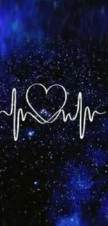 Galaxy background with heartbeat and heart design in white lines.