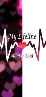 Black and white heartbeat wallpaper with heart icon and 'My Lifeline Mom & Dad' text.