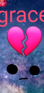 A broken heart emoji over a galaxy background wallpaper.