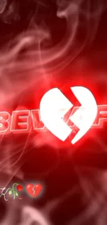 Glowing broken heart with red smoke background.