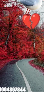 Red forest path with heart symbol.