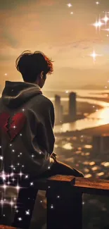 Person in hoodie overlooking a sunset cityscape with sparkles and red heart on back.