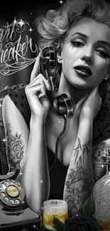 Tattooed woman in grayscale with phone and drinks.