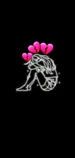 Minimalist neon art of heartbroken figure with pink hearts on black background.