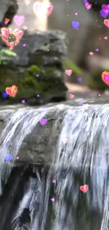 Waterfall with vibrant heart overlays on a serene backdrop.