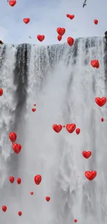 Mobile wallpaper featuring a waterfall adorned with red hearts for a romantic touch.