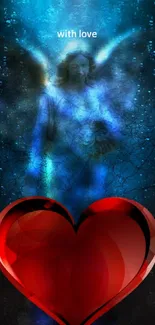 Mobile wallpaper with angel and red heart on a celestial blue background.