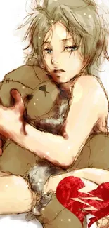 Anime character hugging teddy with a broken heart design.