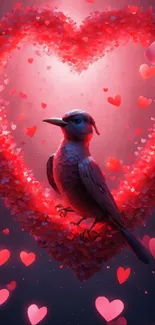 A vibrant bird nestled in a heart-shaped frame with floating hearts.