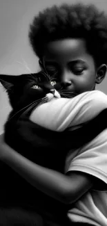 A heartfelt black and white image of a boy embracing a cat.