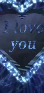 Blue heart wallpaper with 'I love you' message.