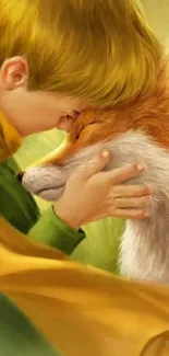 Illustration of a boy embracing a fox in a serene setting.