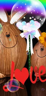 Charming wooden bunnies with heart and colorful bubbles on black background.