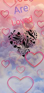 Pastel cloud wallpaper with heart designs and text 'You Are Loved'.