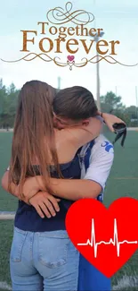 Couple embracing on a soccer field with 'Together Forever' text.