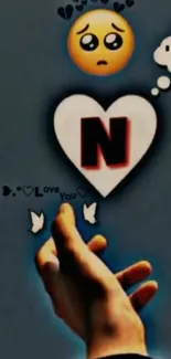 Heartfelt emoji with hand reaching out in abstract wallpaper.