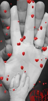 Hands with red hearts on gray background mobile wallpaper.