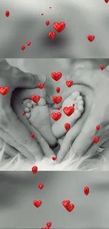 Baby's feet surrounded by hands with red hearts floating around.