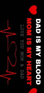 Mobile wallpaper with heartfelt family message in red and white on black background.