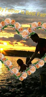 Father and child at sunset with floral heart border.