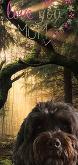 Heartfelt 'Love You Mom' forest theme wallpaper with a cute dog.