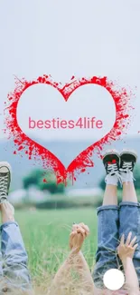 Heart-themed friendship wallpaper with besties4life text against a nature backdrop.