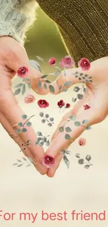 Hands forming a heart with floral accents, expressing friendship.