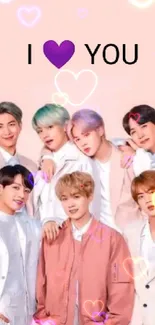 Heartfelt wallpaper with group photo and 'I Love You' text on pastel background.