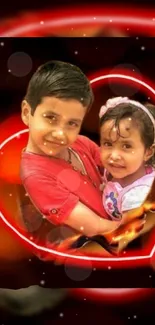 Kids smiling in heart-shaped frame with glowing red background.