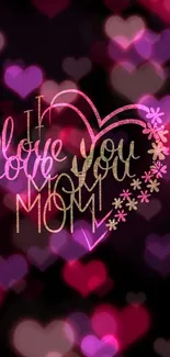 Heartfelt wallpaper with 'I Love You Mom' text and pink heart bokeh design.